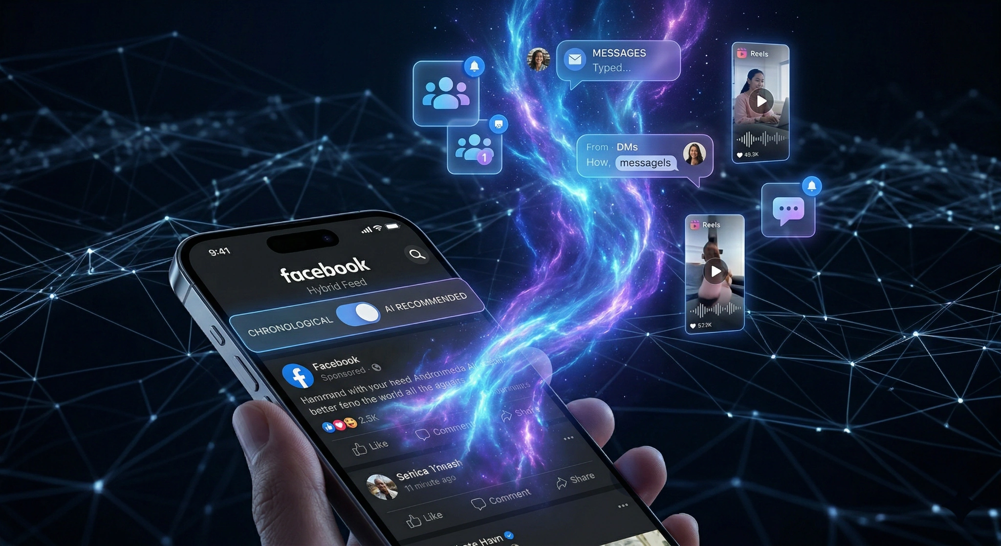 Ilustratie conceptuala despre Facebook in 2026, reprezentand feed-ul hibrid si sistemul AI Andromeda care prioritizeaza interactiunile din grupuri si mesajele private pentru o vizibilitate crescuta