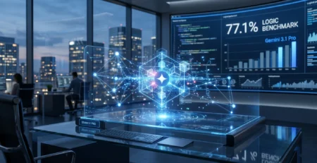 Ilustratie conceptuala despre **Gemini 3.1 Pro 2026**, vizualizand modul in care noul AI de la Google rezolva probleme complexe de logica pura intr-un mediu tehnologic avansat