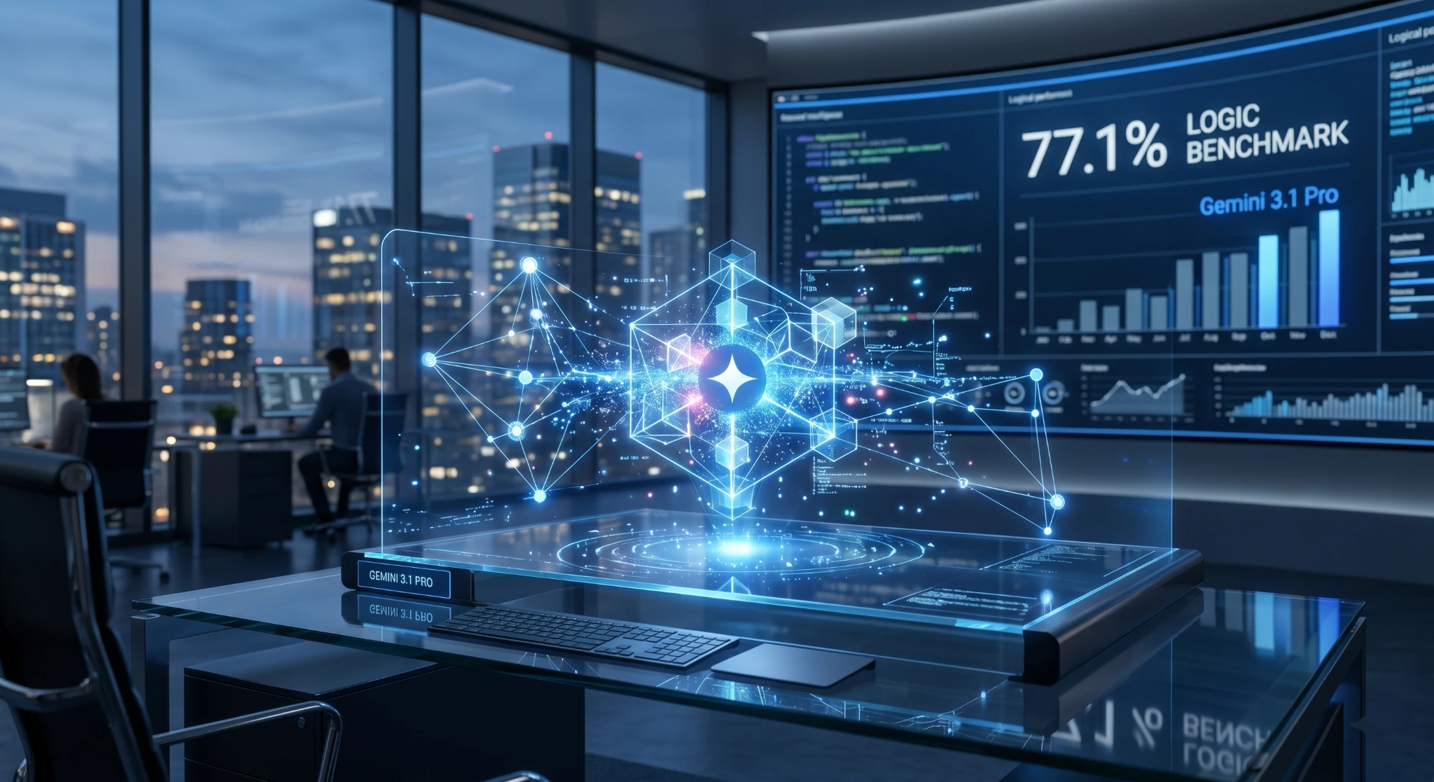 Ilustratie conceptuala despre **Gemini 3.1 Pro 2026**, vizualizand modul in care noul AI de la Google rezolva probleme complexe de logica pura intr-un mediu tehnologic avansat