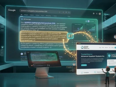 Ilustratie conceptuala despre GEO (Generative Engine Optimization) in 2026, aratand cum un site web este selectat si citat ca sursa de incredere in interiorul unui raspuns generat de AI in Google, simbolizând vizibilitatea fara a fi pe locul 1