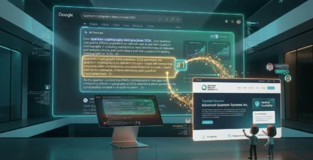 Ilustratie conceptuala despre GEO (Generative Engine Optimization) in 2026, aratand cum un site web este selectat si citat ca sursa de incredere in interiorul unui raspuns generat de AI in Google, simbolizând vizibilitatea fara a fi pe locul 1