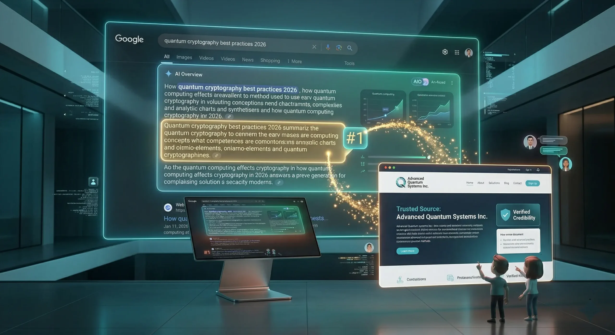 Ilustratie conceptuala despre GEO (Generative Engine Optimization) in 2026, aratand cum un site web este selectat si citat ca sursa de incredere in interiorul unui raspuns generat de AI in Google, simbolizând vizibilitatea fara a fi pe locul 1