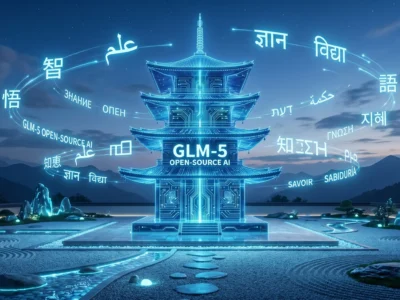 Vizualizare conceptuala a modelului **GLM-5** simbolizand inovatia AI open-source din Asia si armonia dintre tehnologie si limbaj in 2026