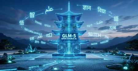 Vizualizare conceptuala a modelului **GLM-5** simbolizand inovatia AI open-source din Asia si armonia dintre tehnologie si limbaj in 2026