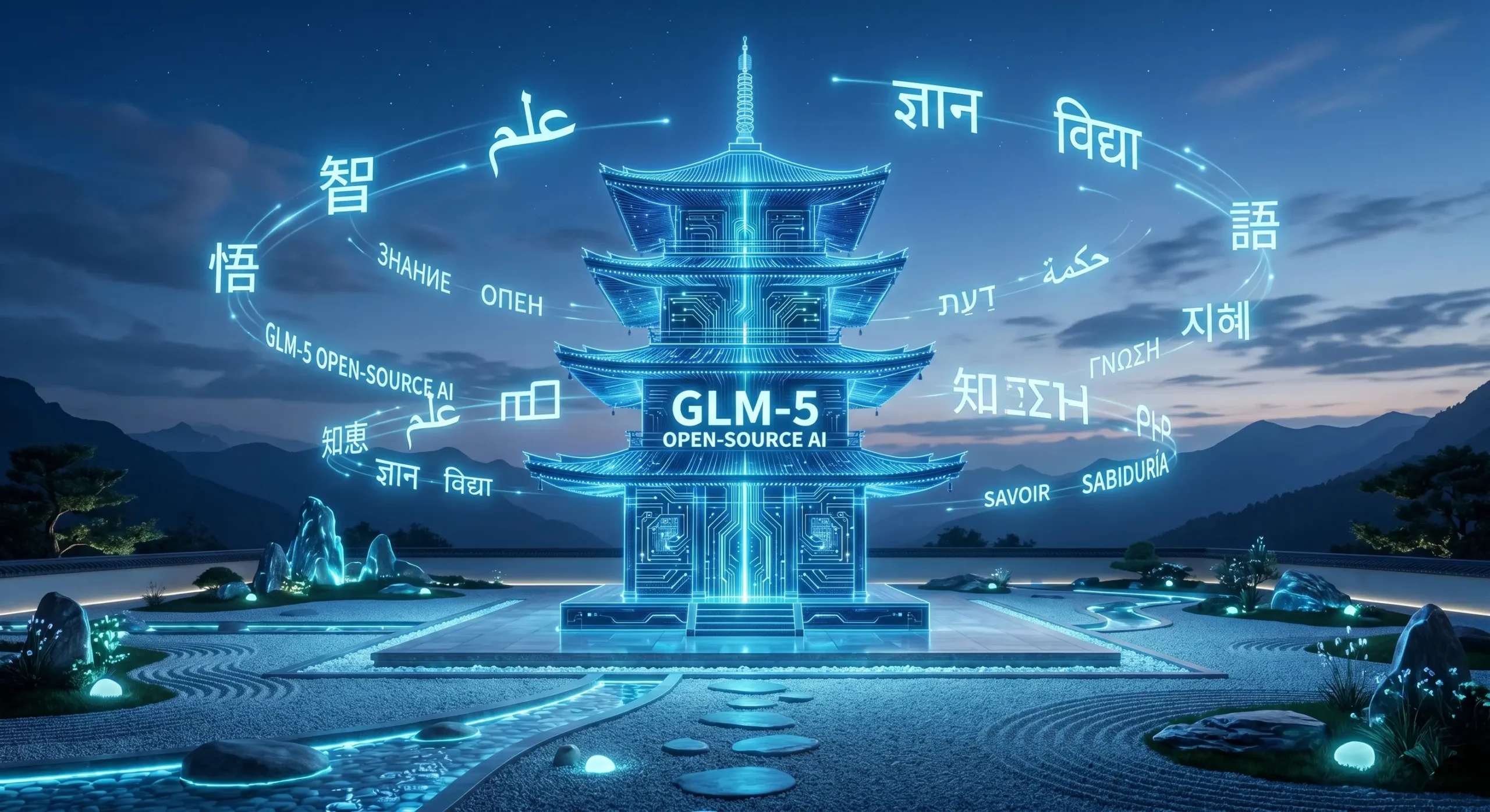 Vizualizare conceptuala a modelului **GLM-5** simbolizand inovatia AI open-source din Asia si armonia dintre tehnologie si limbaj in 2026