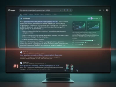 Ilustratie conceptuala a paginii de rezultate Google din 2026, aratand cum blocul AI Overview (raspuns direct) domina ecranul si impinge in jos rezultatele organice clasice, inclusiv locul 1, simbolizand scaderea click-urilor organice