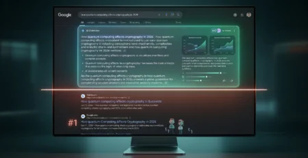 Ilustratie conceptuala a paginii de rezultate Google din 2026, aratand cum blocul AI Overview (raspuns direct) domina ecranul si impinge in jos rezultatele organice clasice, inclusiv locul 1, simbolizand scaderea click-urilor organice