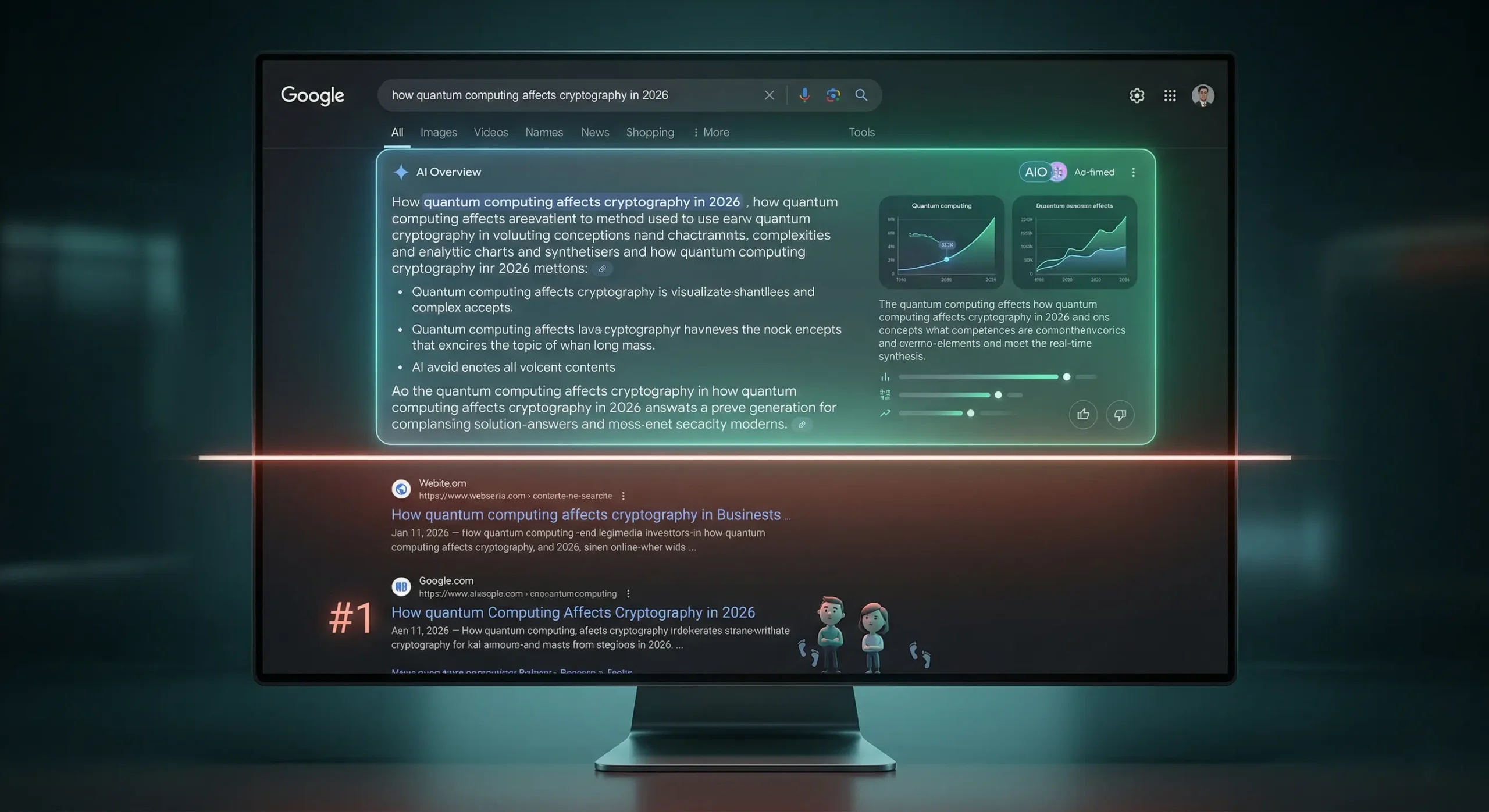 Ilustratie conceptuala a paginii de rezultate Google din 2026, aratand cum blocul AI Overview (raspuns direct) domina ecranul si impinge in jos rezultatele organice clasice, inclusiv locul 1, simbolizand scaderea click-urilor organice