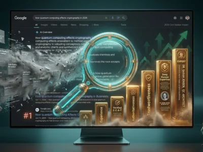 Ilustratie conceptuala despre Google Core Update 2026, reprezentand filtrarea continutului AI de slaba calitate si promovarea site-urilor cu expertiza reala si autoritate (E-E-A-T) pentru recuperarea traficului organic