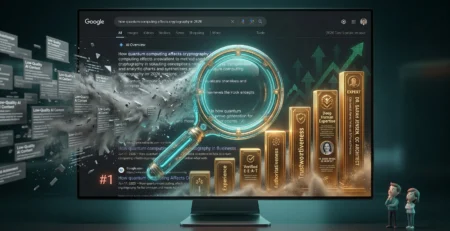 Ilustratie conceptuala despre Google Core Update 2026, reprezentand filtrarea continutului AI de slaba calitate si promovarea site-urilor cu expertiza reala si autoritate (E-E-A-T) pentru recuperarea traficului organic