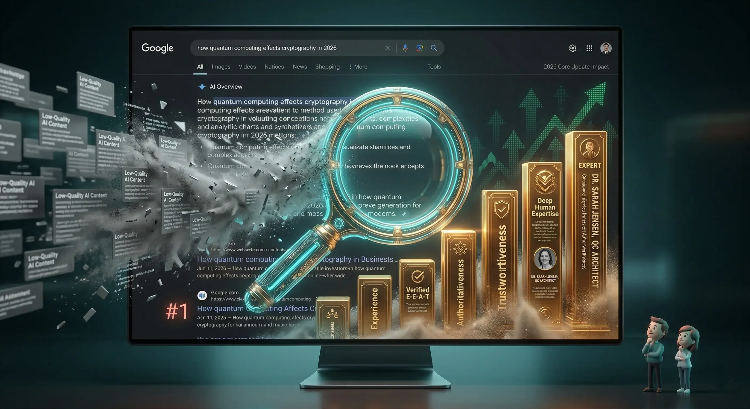 Ilustratie conceptuala despre Google Core Update 2026, reprezentand filtrarea continutului AI de slaba calitate si promovarea site-urilor cu expertiza reala si autoritate (E-E-A-T) pentru recuperarea traficului organic