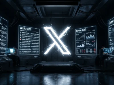 Vizualizare a modelului **Grok 4.20** de la xAI, simbolizand accesul la date in timp real si procesarea informatiei prin arhitectura multi-agent in 2026