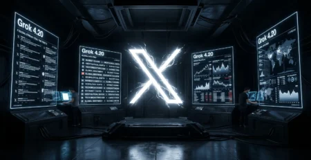 Vizualizare a modelului **Grok 4.20** de la xAI, simbolizand accesul la date in timp real si procesarea informatiei prin arhitectura multi-agent in 2026