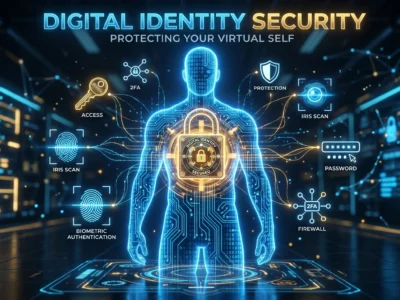 Reprezentare a conceptului de **identitate digitala** securizata prin biometrie si tehnologii moderne in 2026