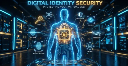 Reprezentare a conceptului de **identitate digitala** securizata prin biometrie si tehnologii moderne in 2026