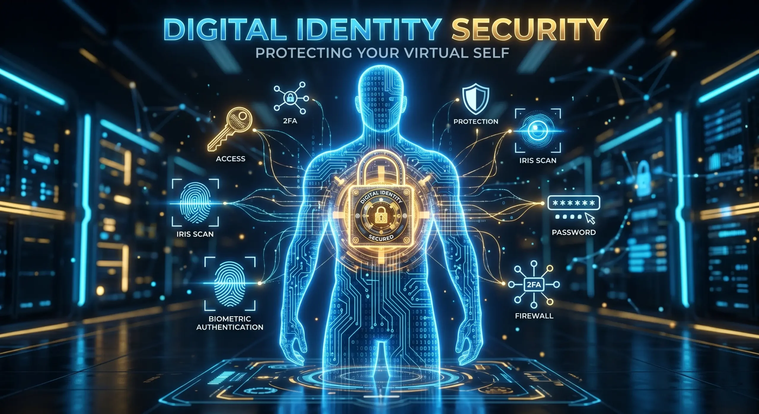Reprezentare a conceptului de **identitate digitala** securizata prin biometrie si tehnologii moderne in 2026