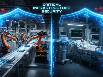 Vizualizare a masurilor de securitate cibernetica pentru **infrastructura critica** in sectoarele de sanatate si productie industriala in 2026