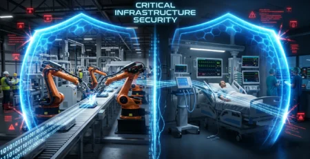 Vizualizare a masurilor de securitate cibernetica pentru **infrastructura critica** in sectoarele de sanatate si productie industriala in 2026