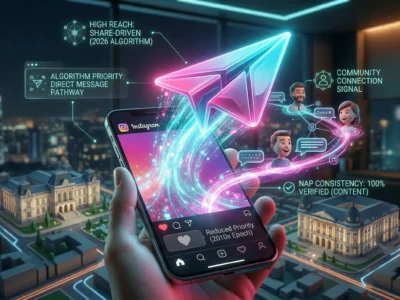 Ilustratie conceptuala despre algoritmul Instagram in 2026, aratand cum simbolul de share (avionul de hartie din DM) straluceste intens si domina iconita de like, simbolizand faptul ca trimiterile private conteaza mai mult pentru vizibilitate decat interactiunile publice