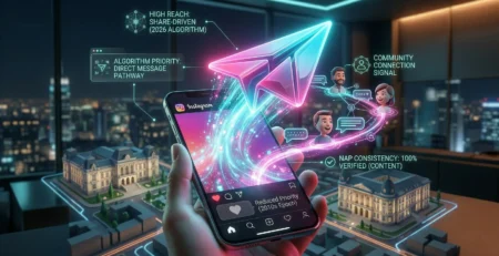 Ilustratie conceptuala despre algoritmul Instagram in 2026, aratand cum simbolul de share (avionul de hartie din DM) straluceste intens si domina iconita de like, simbolizand faptul ca trimiterile private conteaza mai mult pentru vizibilitate decat interactiunile publice