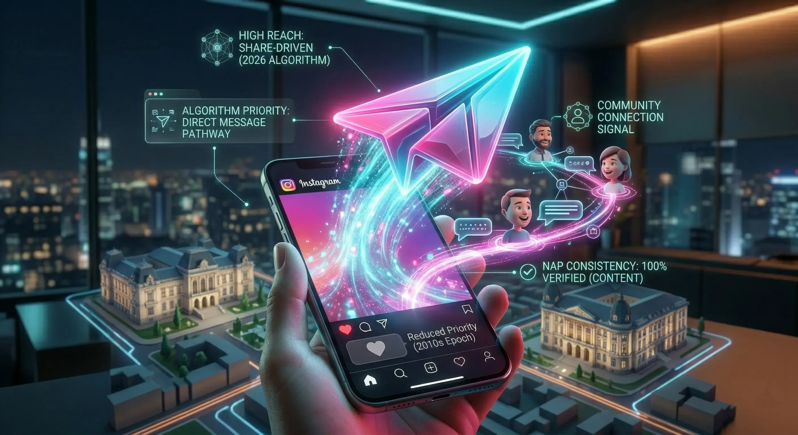 Ilustratie conceptuala despre algoritmul Instagram in 2026, aratand cum simbolul de share (avionul de hartie din DM) straluceste intens si domina iconita de like, simbolizand faptul ca trimiterile private conteaza mai mult pentru vizibilitate decat interactiunile publice