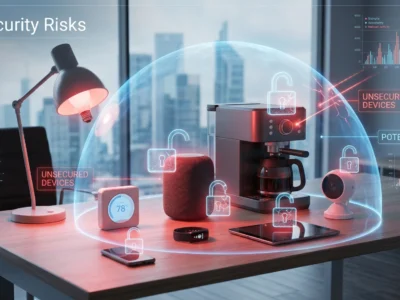 Reprezentare pentru **Internet of Things** si modul in care **obiecte inteligente** pot deveni **porti pentru hackeri** in 2026