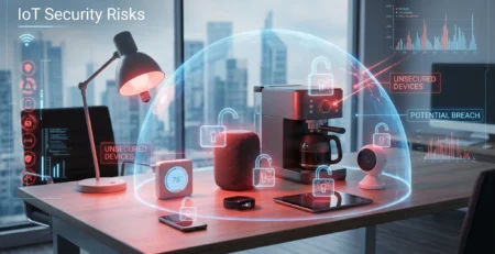 Reprezentare pentru **Internet of Things** si modul in care **obiecte inteligente** pot deveni **porti pentru hackeri** in 2026