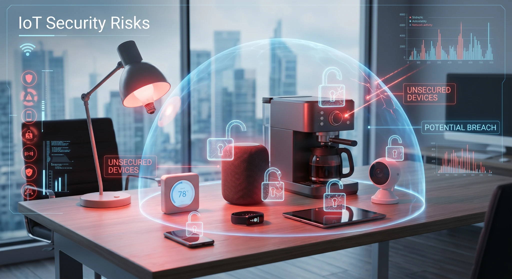 Reprezentare pentru **Internet of Things** si modul in care **obiecte inteligente** pot deveni **porti pentru hackeri** in 2026