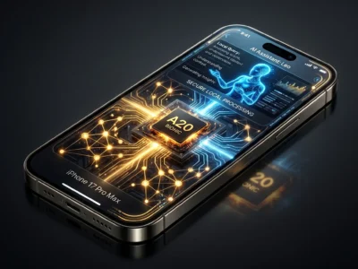 Reprezentare pentru **iPhone 17 Pro Max** si modul in care **inteligenta artificiala locala** protejeaza datele in 2026