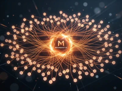 Vizualizare a modelului **Kimi K2.5 Swarm Mode** simbolizand colaborarea agentilor AI si cresterea productivitatii prin lucru in paralel in 2026