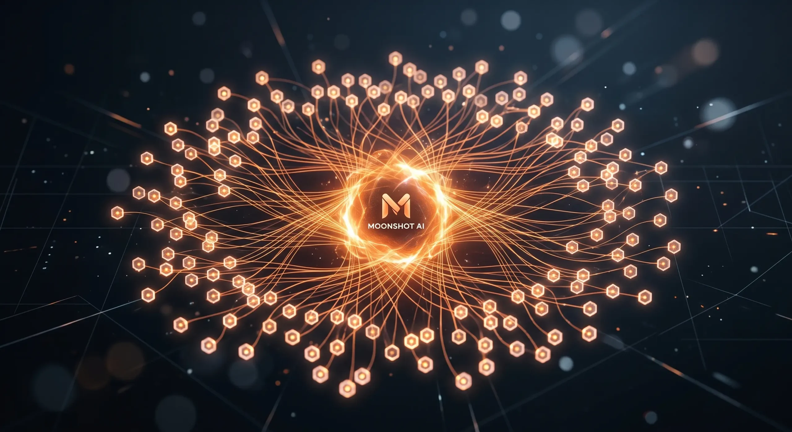 Vizualizare a modelului **Kimi K2.5 Swarm Mode** simbolizand colaborarea agentilor AI si cresterea productivitatii prin lucru in paralel in 2026