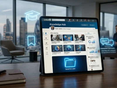 Ilustratie conceptuala LinkedIn 2026 reprezentand transformarea platformei intr-un hub de invatare profesionala si micro-lectii, unde salvarile de continut si expertiza demonstrata sunt prioritizate de algoritm