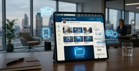 Ilustratie conceptuala LinkedIn 2026 reprezentand transformarea platformei intr-un hub de invatare profesionala si micro-lectii, unde salvarile de continut si expertiza demonstrata sunt prioritizate de algoritm