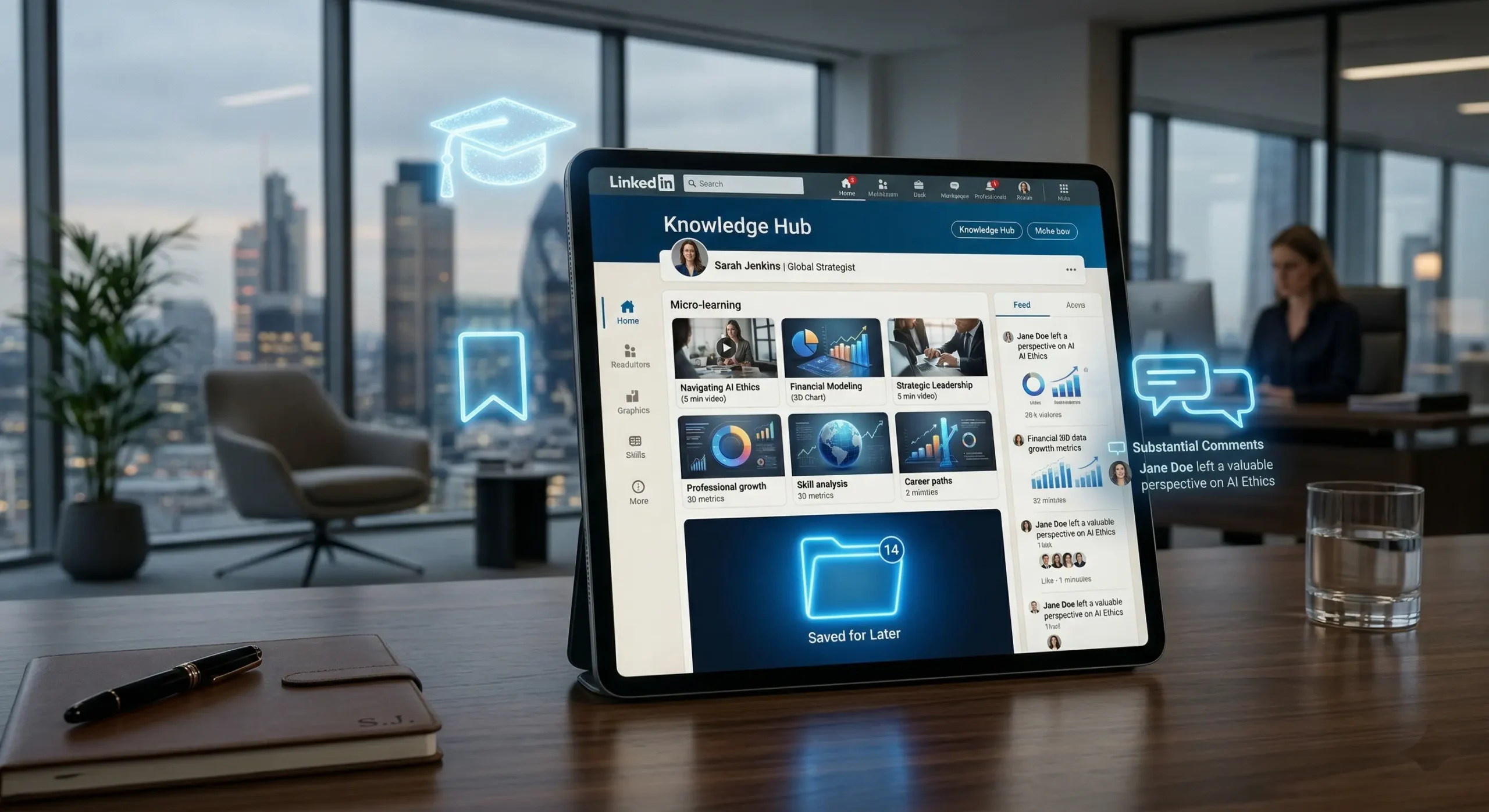 Ilustratie conceptuala LinkedIn 2026 reprezentand transformarea platformei intr-un hub de invatare profesionala si micro-lectii, unde salvarile de continut si expertiza demonstrata sunt prioritizate de algoritm