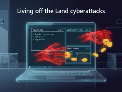 Reprezentare a unui atac de tip **Living off the Land** unde unelte legitime de sistem sunt folosite pentru activitati malitioase in 2026