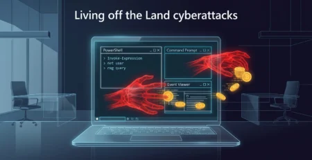 Reprezentare a unui atac de tip **Living off the Land** unde unelte legitime de sistem sunt folosite pentru activitati malitioase in 2026