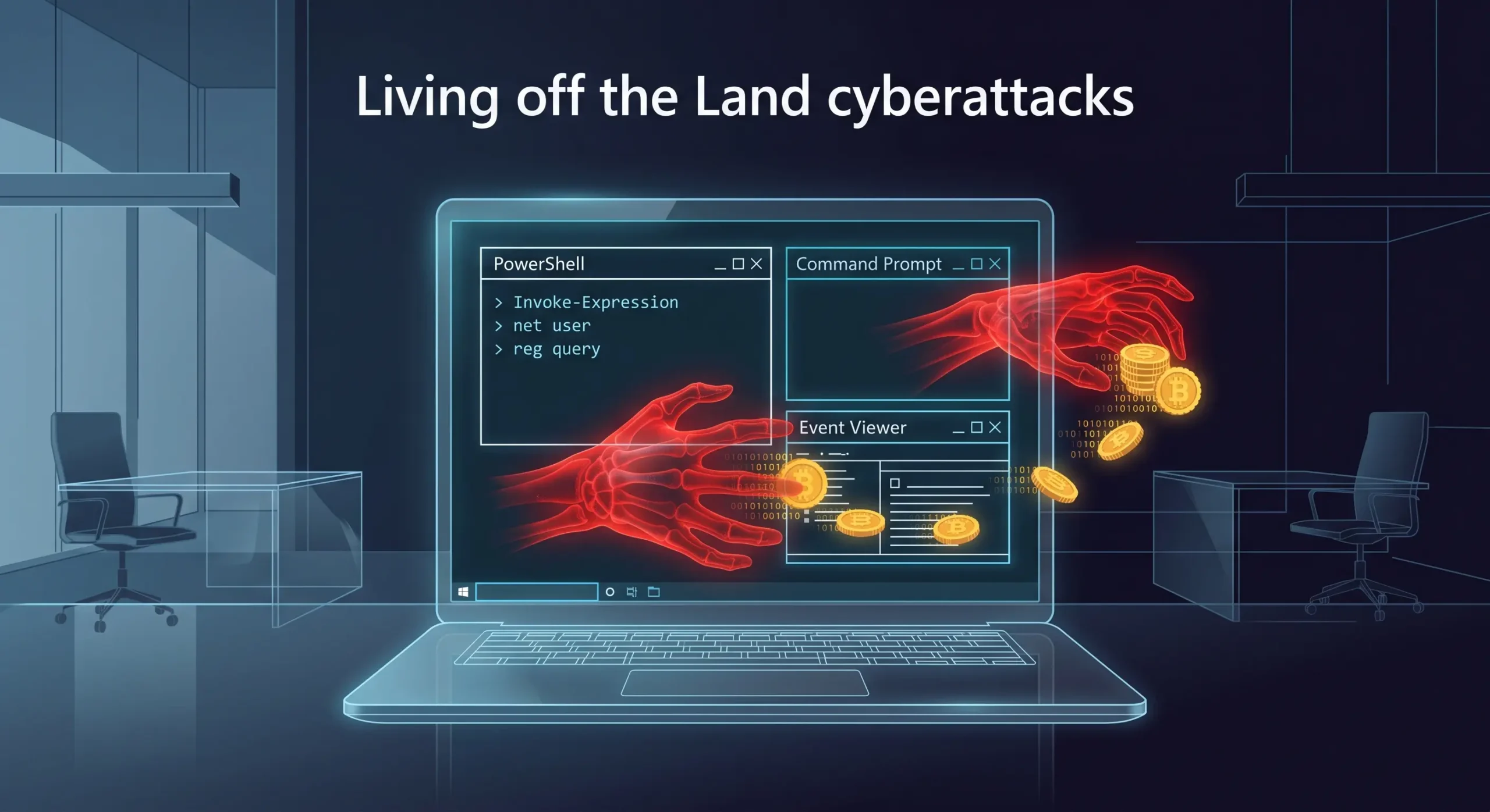 Reprezentare a unui atac de tip **Living off the Land** unde unelte legitime de sistem sunt folosite pentru activitati malitioase in 2026
