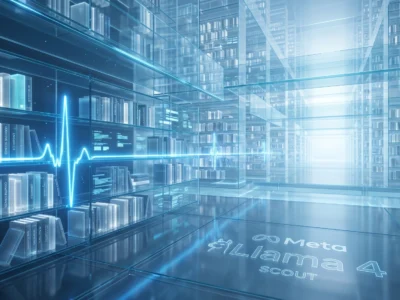 Vizualizare conceptuala a modelului **Llama 4 Scout** ca o biblioteca digitala infinita, simbolizand memoria record si capacitatea de analiza a datelor in 2026
