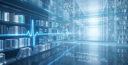 Vizualizare conceptuala a modelului **Llama 4 Scout** ca o biblioteca digitala infinita, simbolizand memoria record si capacitatea de analiza a datelor in 2026