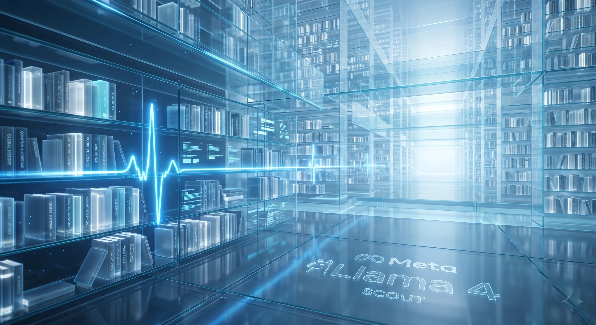 Vizualizare conceptuala a modelului **Llama 4 Scout** ca o biblioteca digitala infinita, simbolizand memoria record si capacitatea de analiza a datelor in 2026
