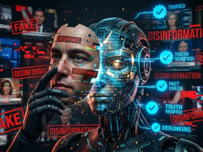 Reprezentare pentru **Dezinformare AI** si modul in care **manipularea opiniei publice** prin **deepfake** afecteaza firmele in 2026