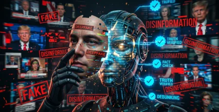 Reprezentare pentru **Dezinformare AI** si modul in care **manipularea opiniei publice** prin **deepfake** afecteaza firmele in 2026