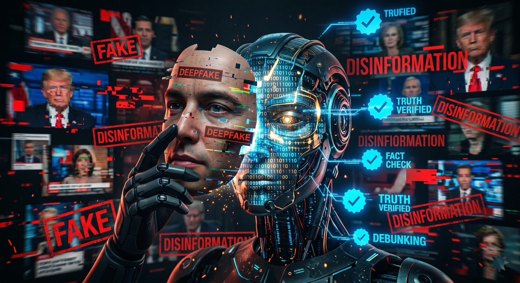 Reprezentare pentru **Dezinformare AI** si modul in care **manipularea opiniei publice** prin **deepfake** afecteaza firmele in 2026