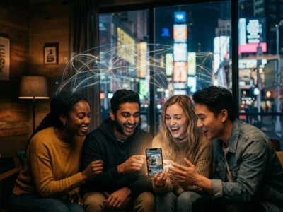 Ilustratie conceptuala despre micro-comunitati 2026 si dark social, aratand un grup restrans de oameni conectati intr-un spatiu privat, in contrast cu feed-urile publice si reclamele din fundal