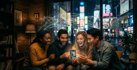 Ilustratie conceptuala despre micro-comunitati 2026 si dark social, aratand un grup restrans de oameni conectati intr-un spatiu privat, in contrast cu feed-urile publice si reclamele din fundal