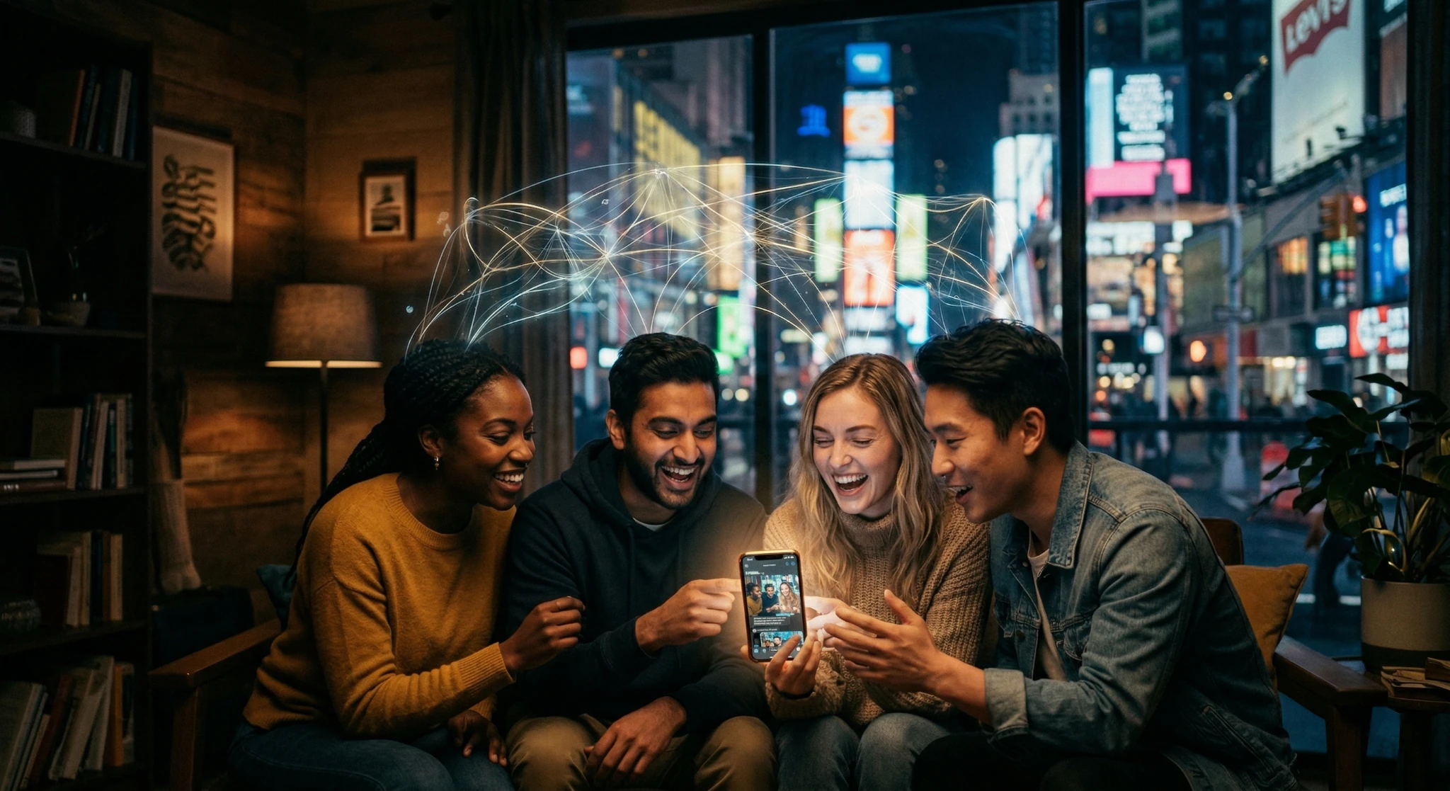 Ilustratie conceptuala despre micro-comunitati 2026 si dark social, aratand un grup restrans de oameni conectati intr-un spatiu privat, in contrast cu feed-urile publice si reclamele din fundal