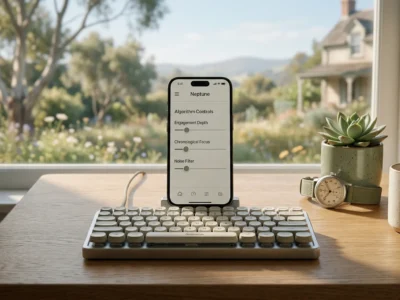 Ilustratie conceptuala despre **minimalism digital 2026**, vizualizand un mediu de lucru simplificat si dispozitive care ofera control total utilizatorului asupra algoritmului si atentiei sale