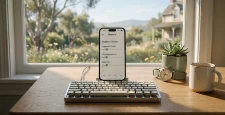 Ilustratie conceptuala despre **minimalism digital 2026**, vizualizand un mediu de lucru simplificat si dispozitive care ofera control total utilizatorului asupra algoritmului si atentiei sale