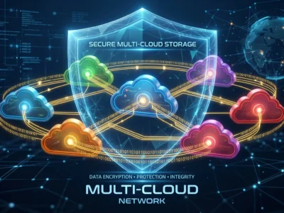 Reprezentare pentru **Multi-Cloud** si modul in care sunt gestionate **vulnerabilitati** in **stocare date** la distanta in 2026