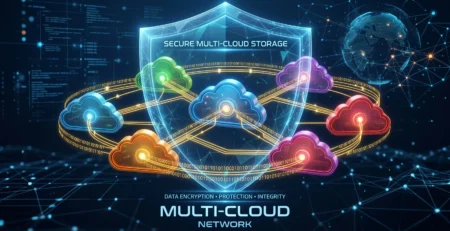 Reprezentare pentru **Multi-Cloud** si modul in care sunt gestionate **vulnerabilitati** in **stocare date** la distanta in 2026